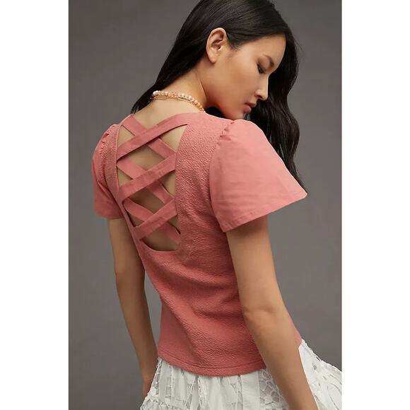 Anthropologie Top Womens Large Pink Lace Up Flutter Feminine Romantic Whimsy - Picture 1 of 14